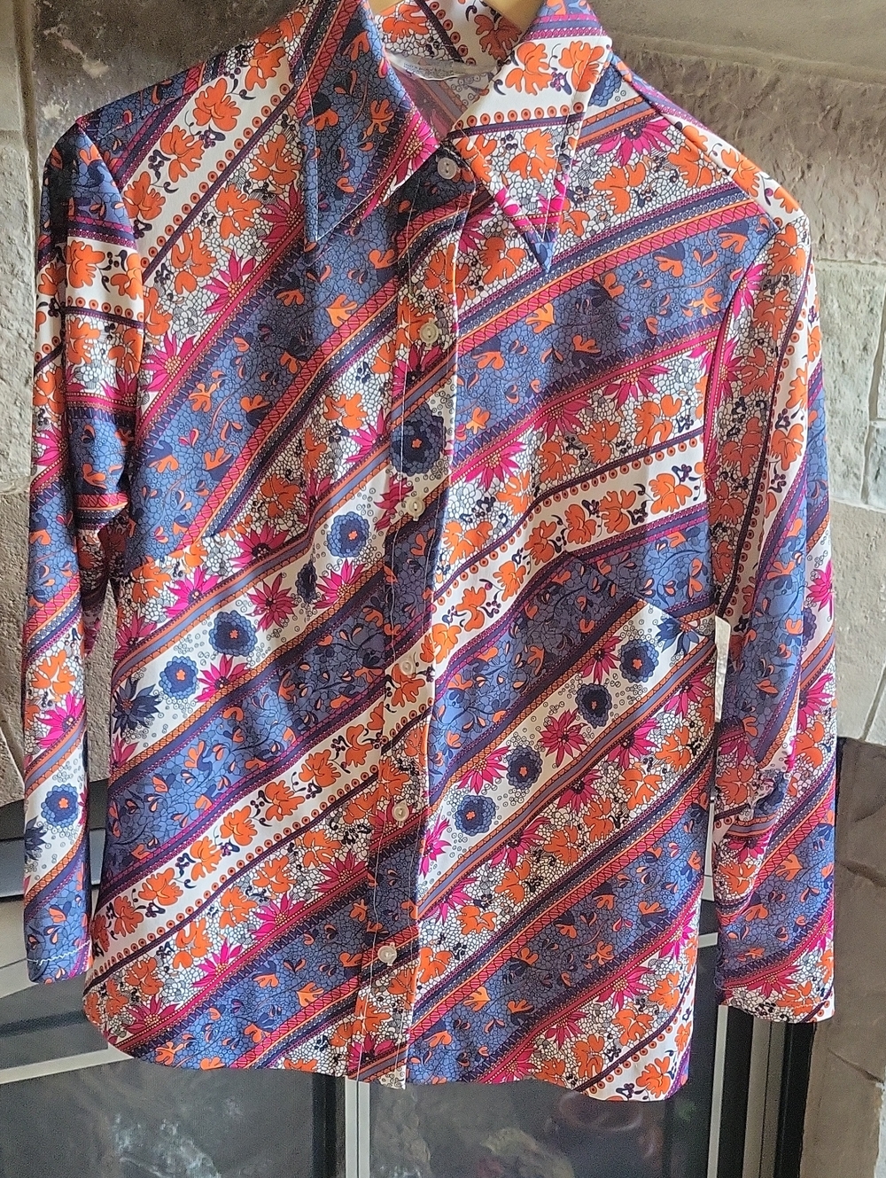 Sears Women's Multicolor Floral Stripe Blouse — Blue, Orange, Pink